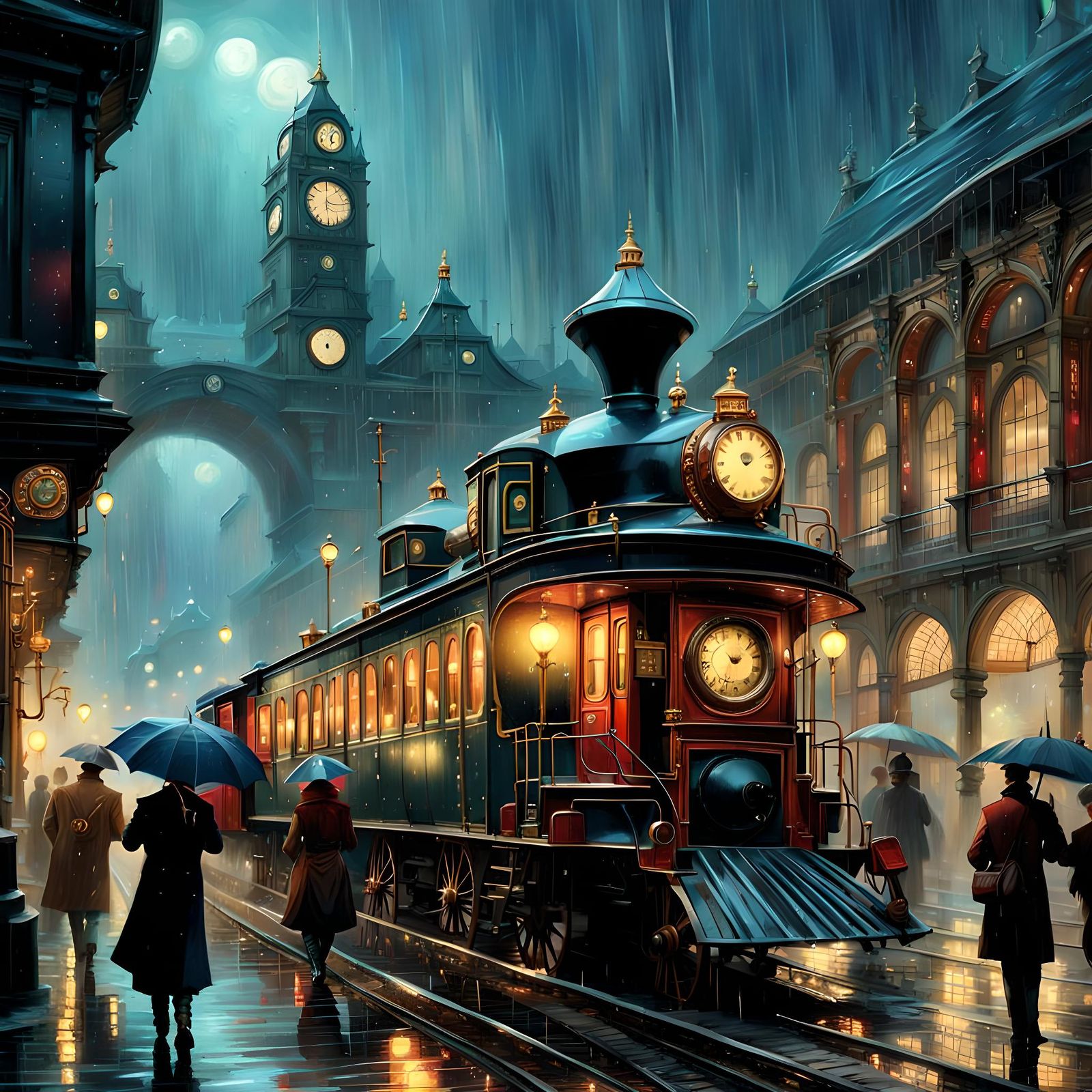 Heavy rain in Victorian London train station