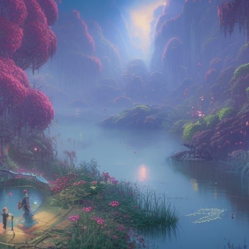 Jungle River with Magical Lighting in Detailed Matte Paintin...