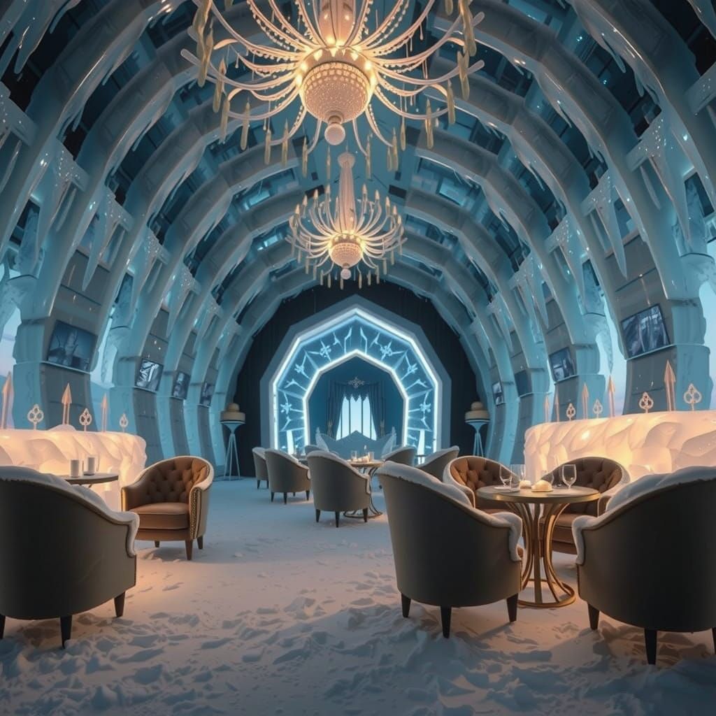 Breathtaking Ice Hotel at Snow-Covered Mountain Peak