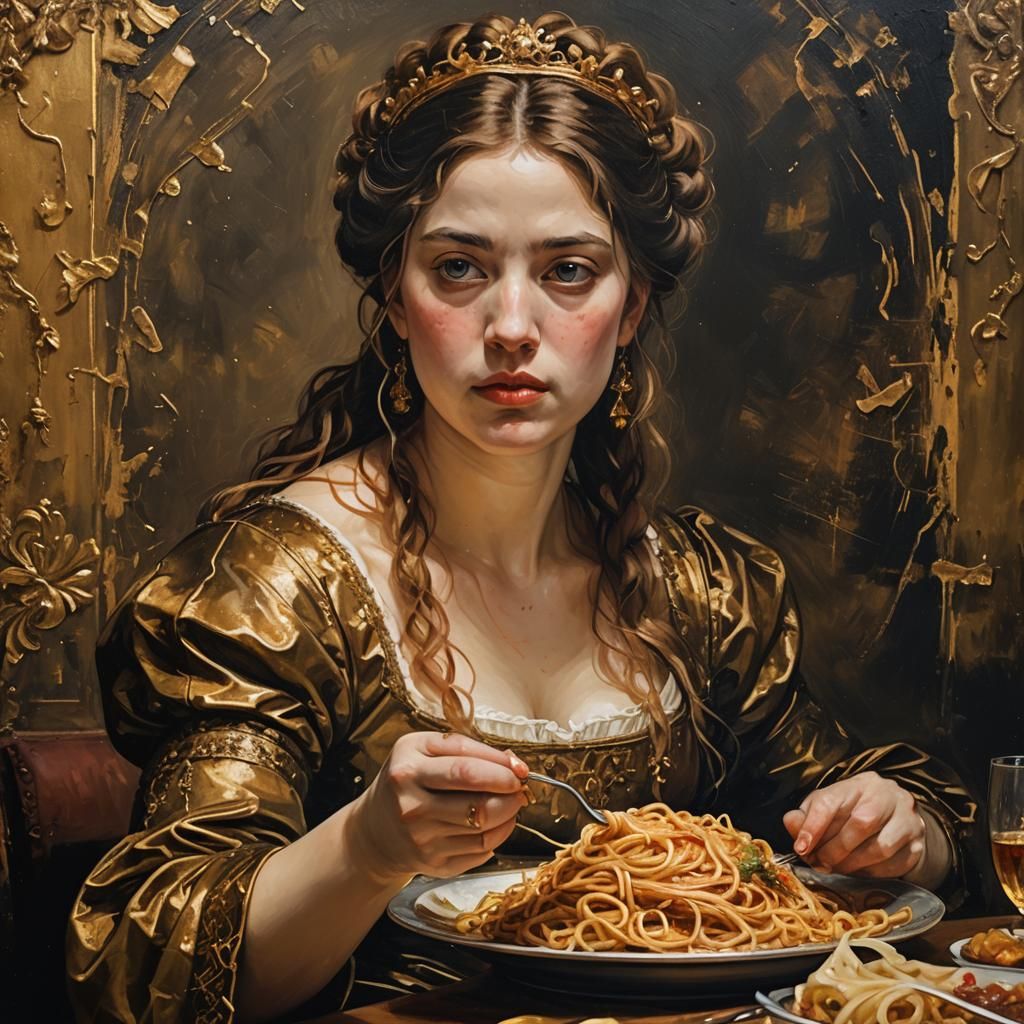 Princess Eats Spaghetti: Renaissance Impasto Portrait