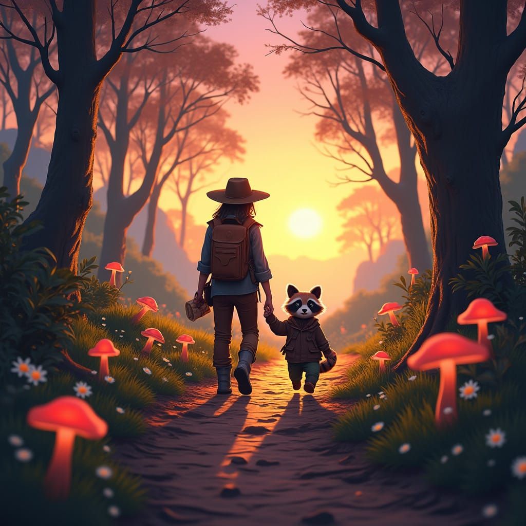 Walking Along an Ancient Forest Path with Pet Raccoon at Sun...