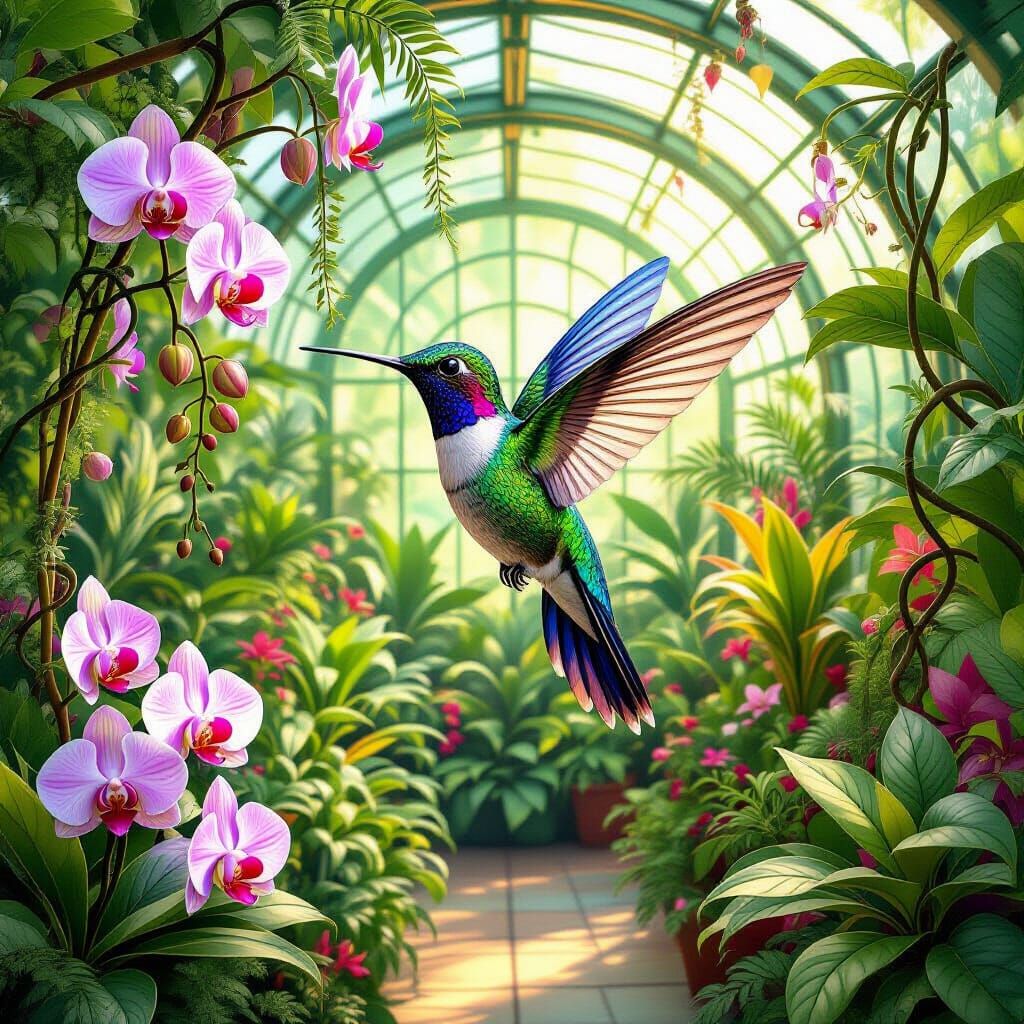 Iridescent Hummingbird in Art Nouveau Greenhouse