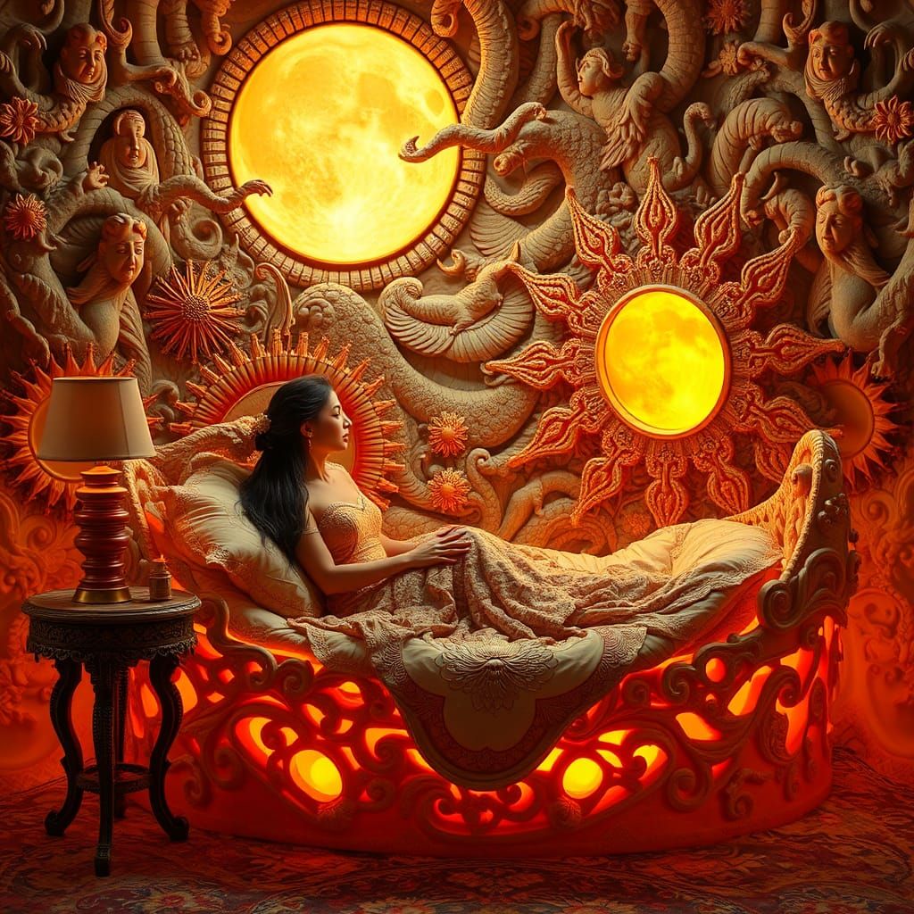 Woman in Sun and Moon Bed, Surreal Fairytale
