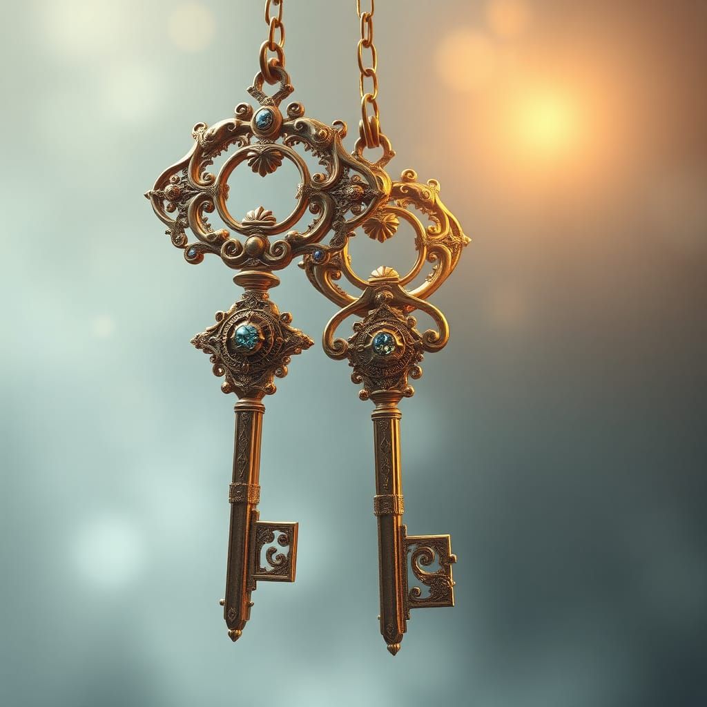 Ornate Golden Keys Suspended in Air