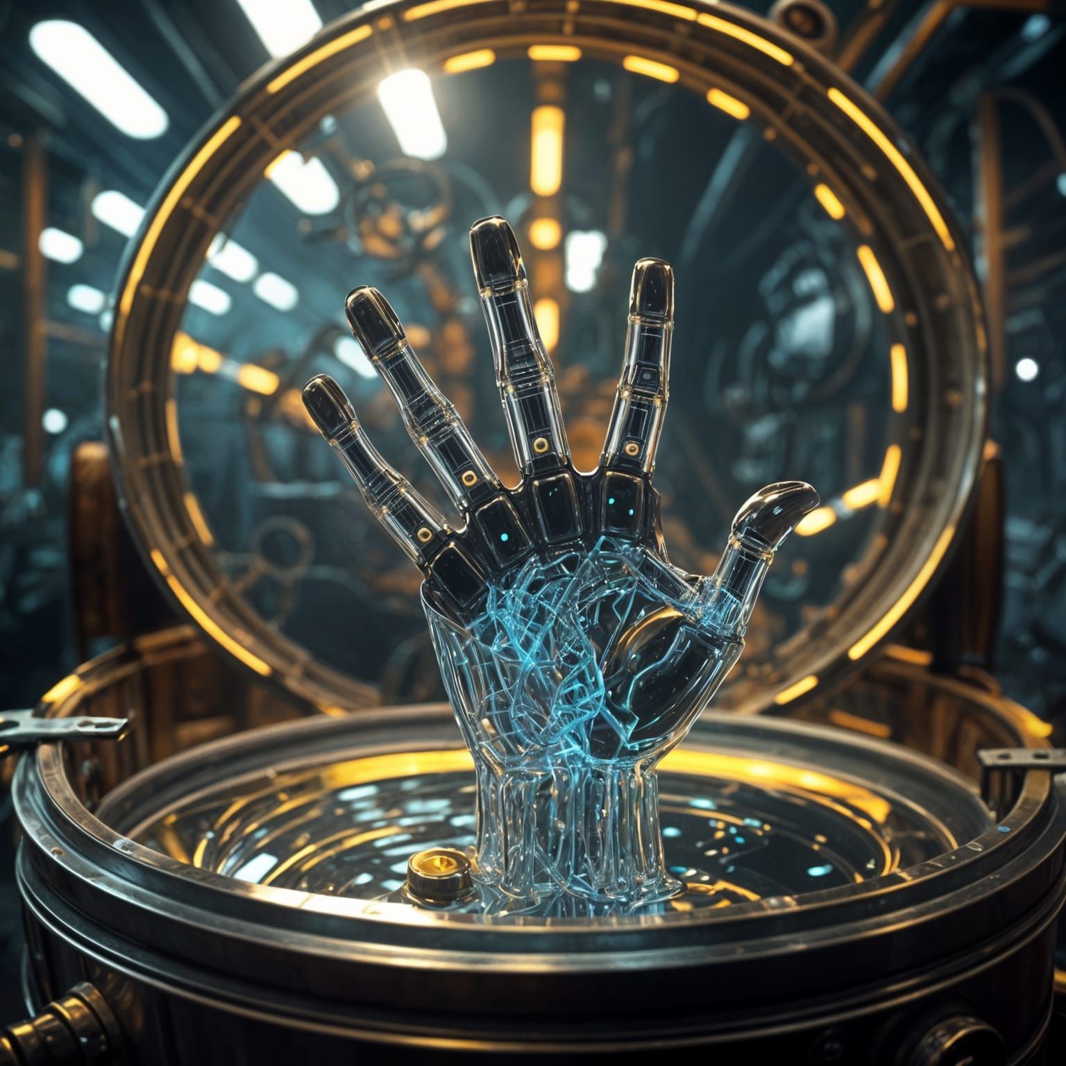 Cybernetic Hand Emerges from Oil Barrel