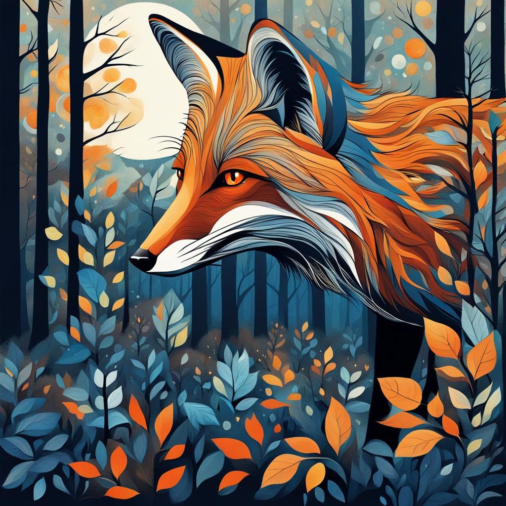 Fox Sniffing Night Air: Abstract Art in Forest