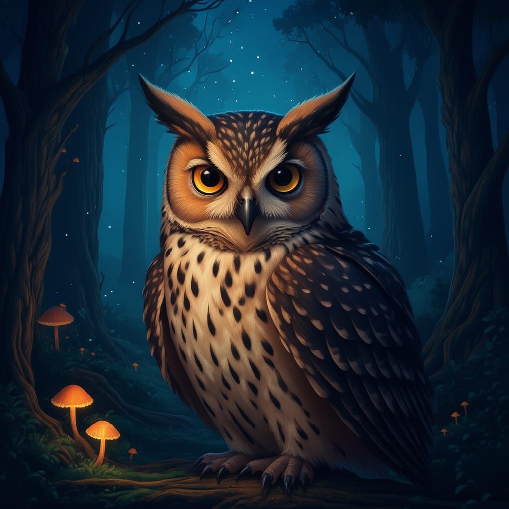 Wise Owl Over Magical Forest at Twilight - Double Exposure