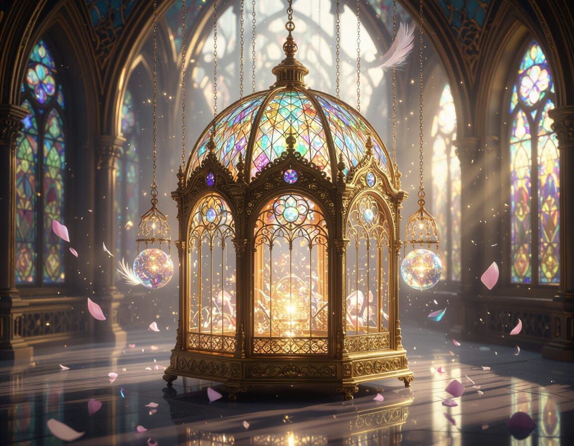 Mystical Birdcage Cathedral with Celestial Spirits