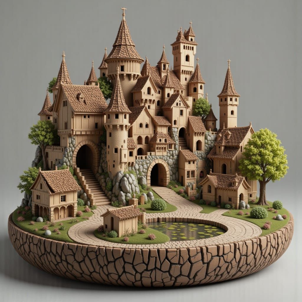 Medieval Village Inside Wooden Sphere, Digital Illustration