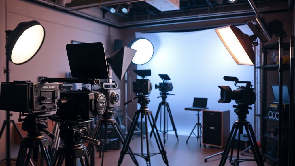 A studio scene with vintage film cameras and lighting gear