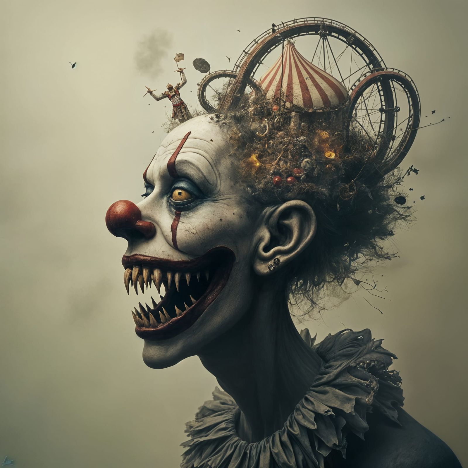Surreal Abstract Clown with Carnival Double Exposure