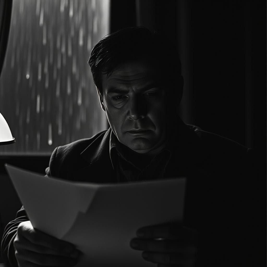 Weary Detective in Dimly Lit Office: A Film Noir Portrait