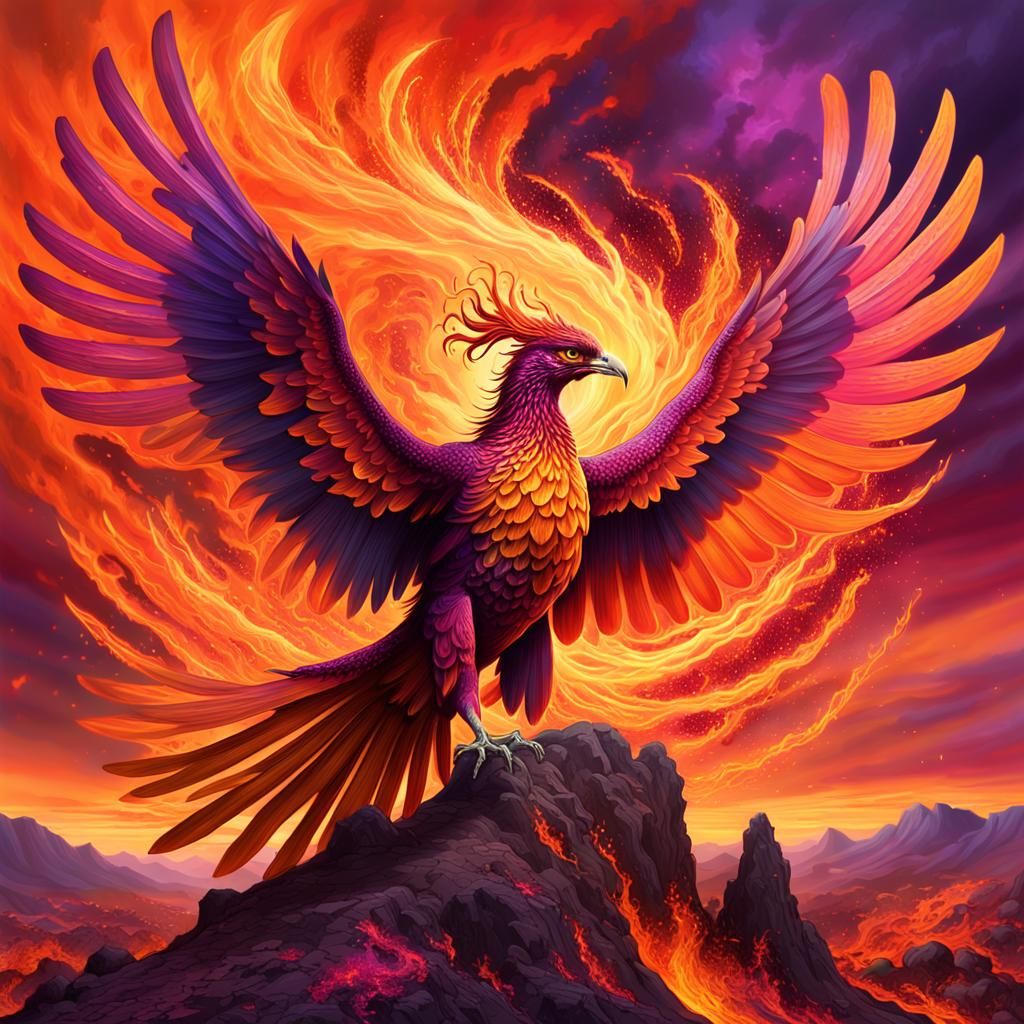 Phoenix Rising from Flames at Sunset
