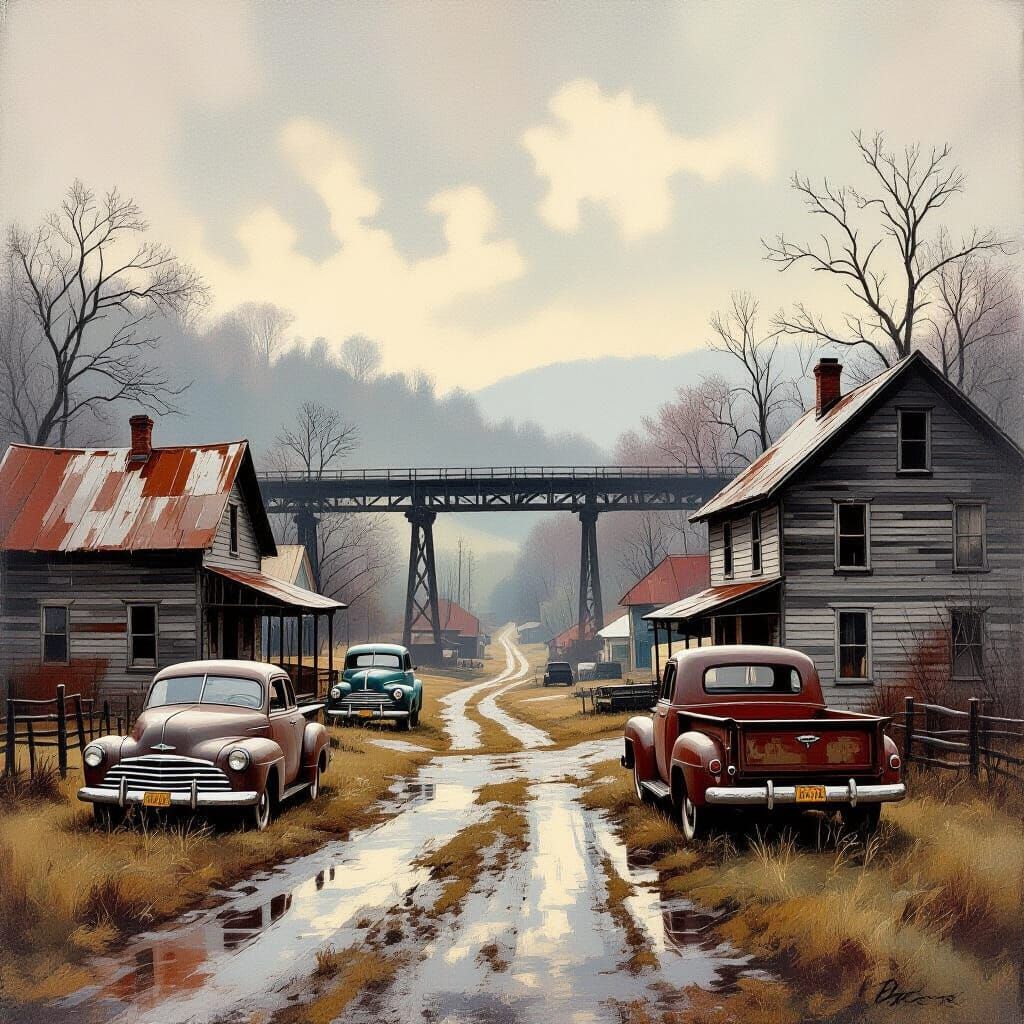 West Virginia Holler in Tonalist Style on Rainy Day