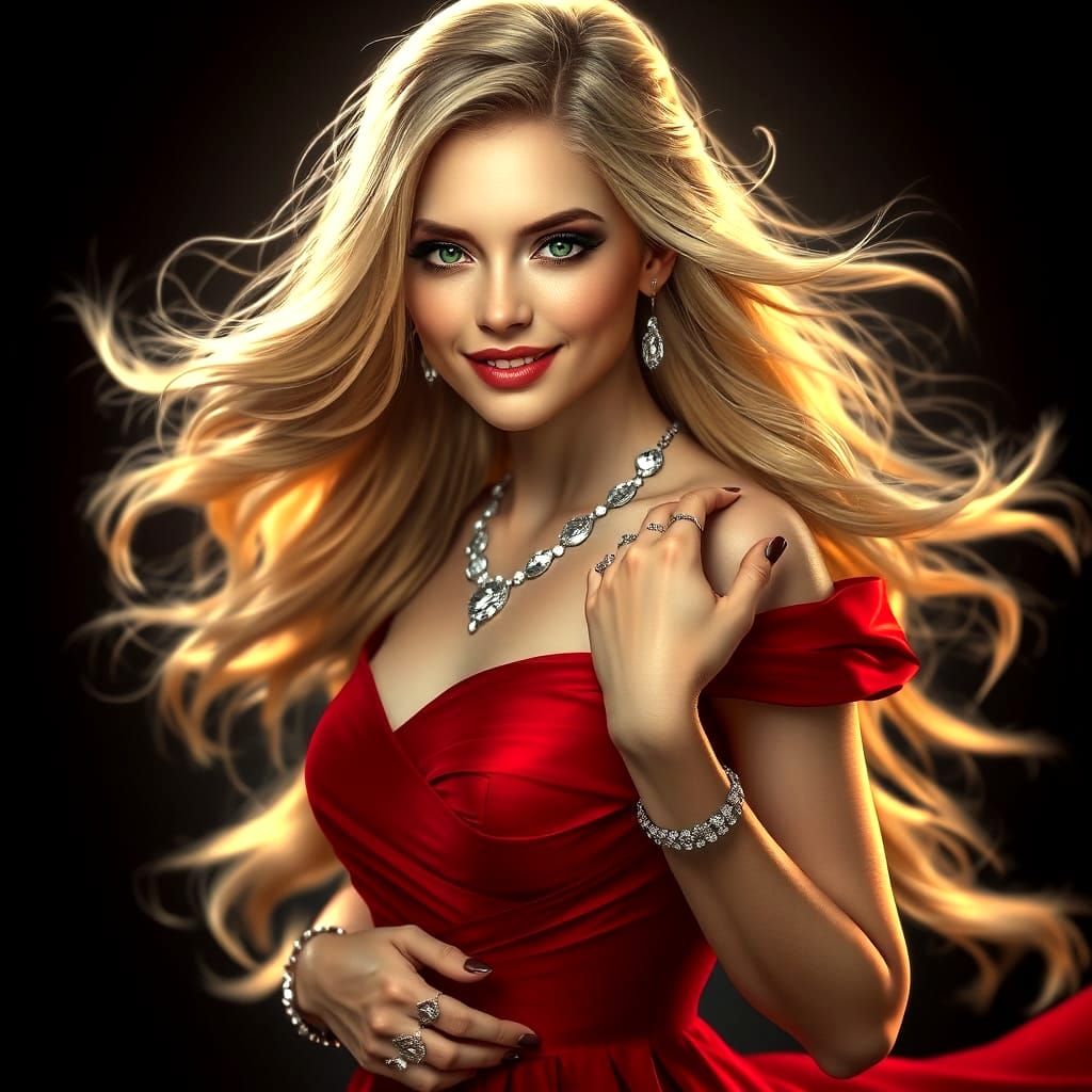 Elegant Woman in Red Dress, Autumn Concept Art