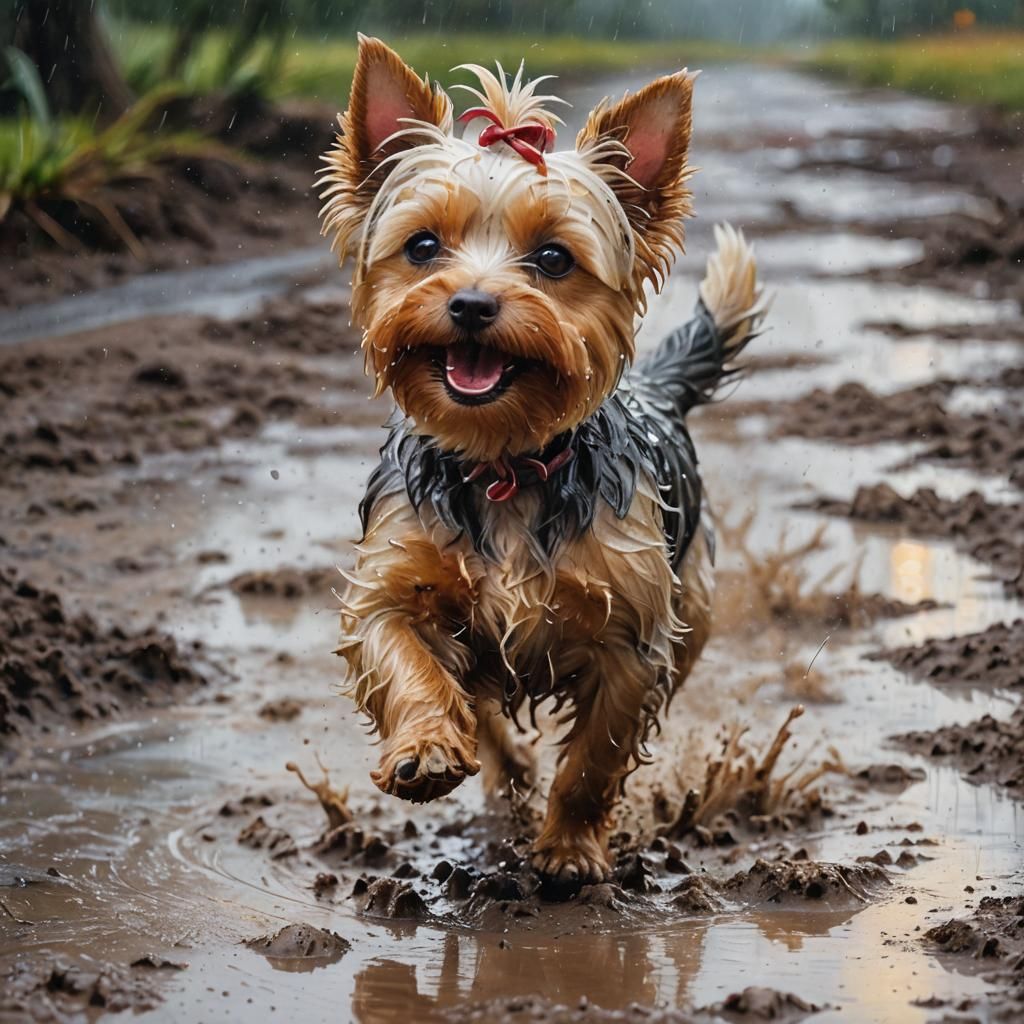 Albino Yorkie's Joyful Mud Puddle Run: Oil Painting
