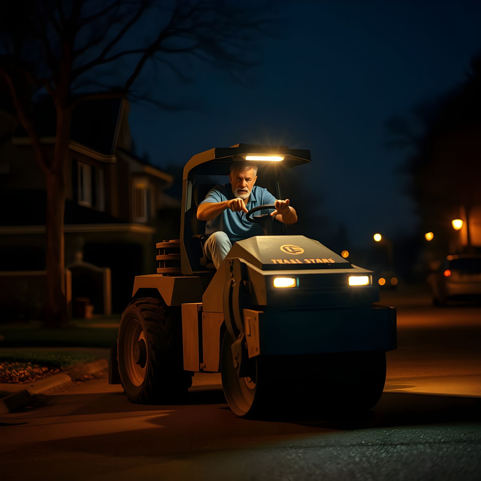 Steamroller Chase: Suburban Night Scene