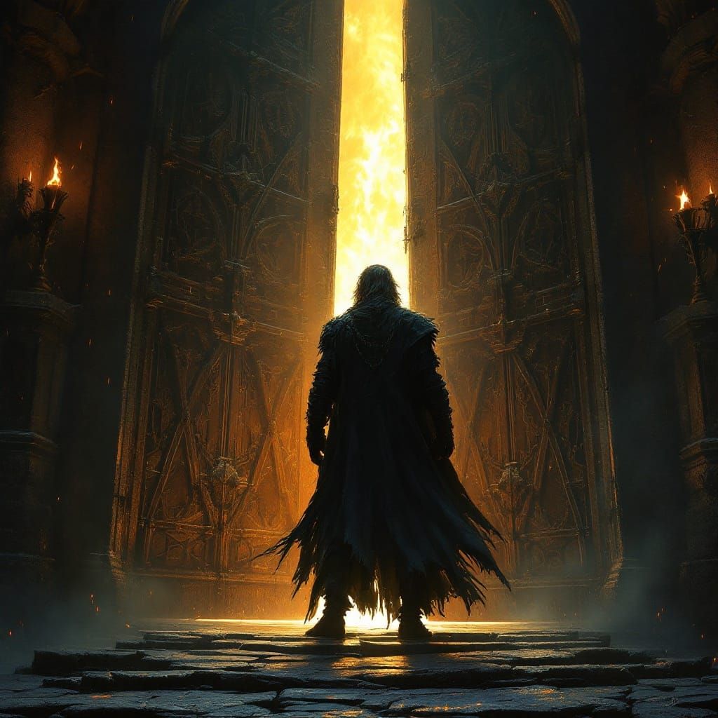 Brooding Figure at Gothic Threshold Illuminated by Fiery Glo...