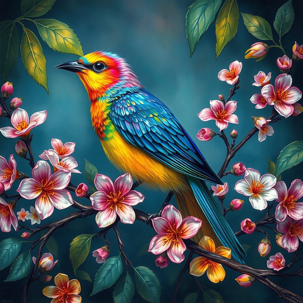 Vibrant Bird Amidst Rainbow Blooms in Whimsical Paradise