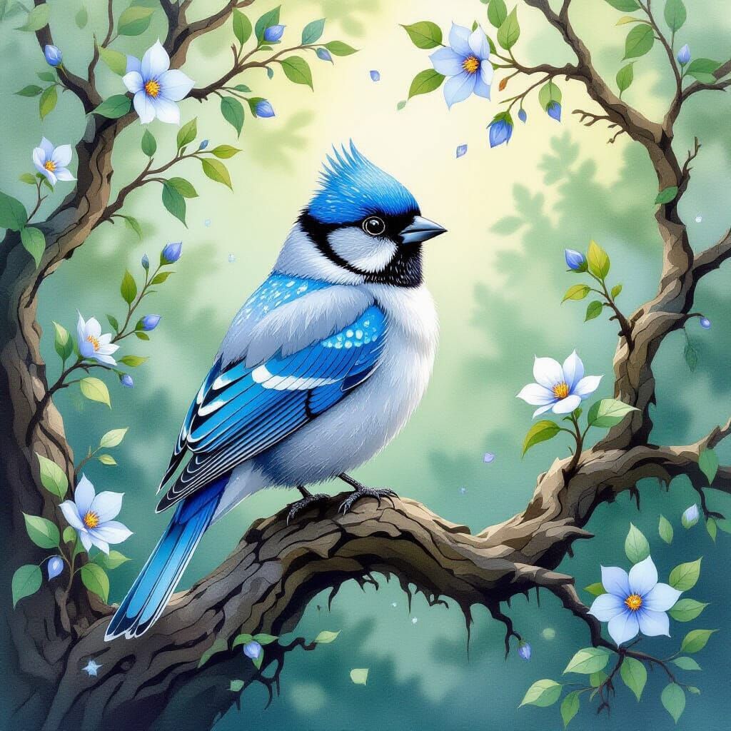 Bedazzled Finch in a Dreamy Watercolor Forest