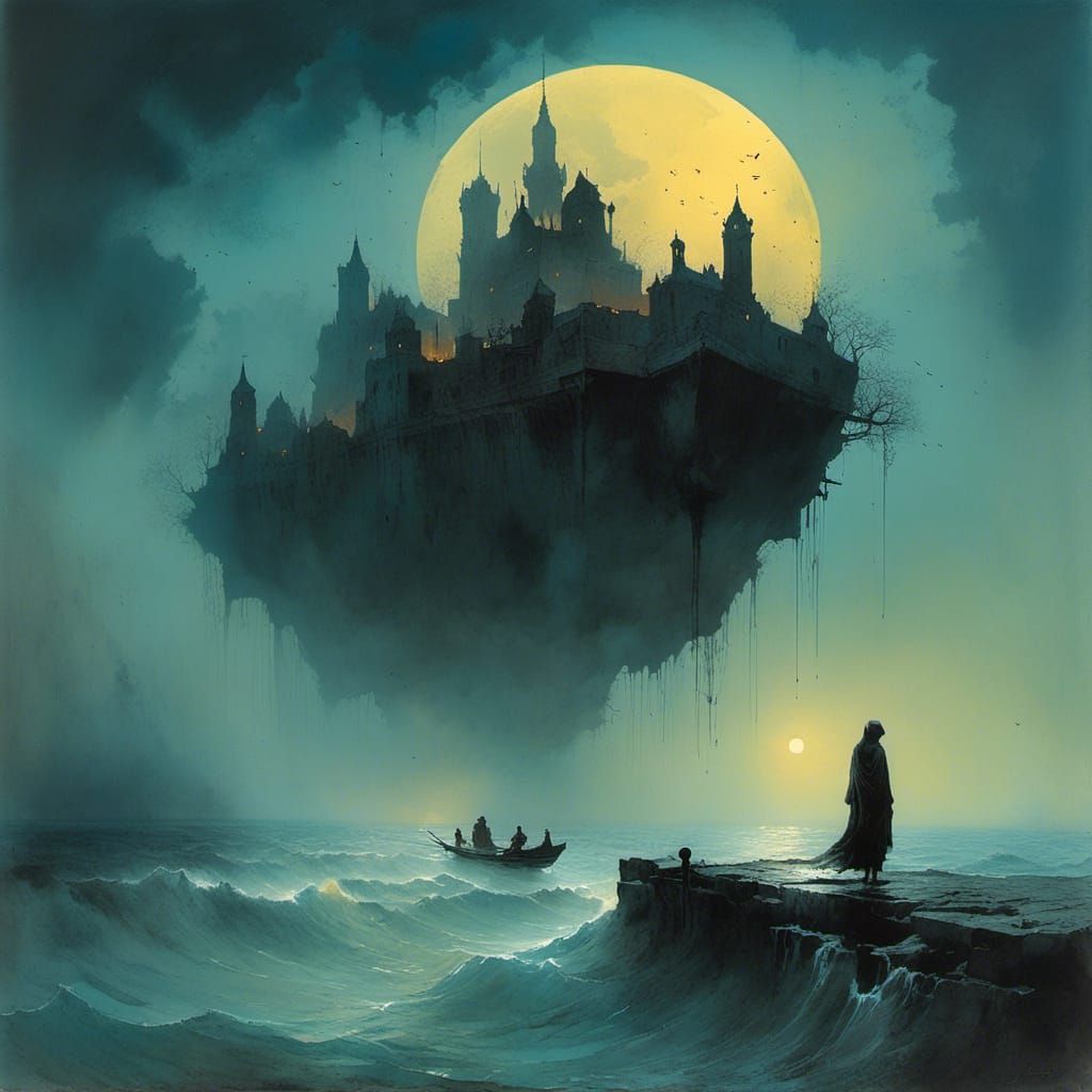 Moonlit Figure Floating in Watercolor Mist