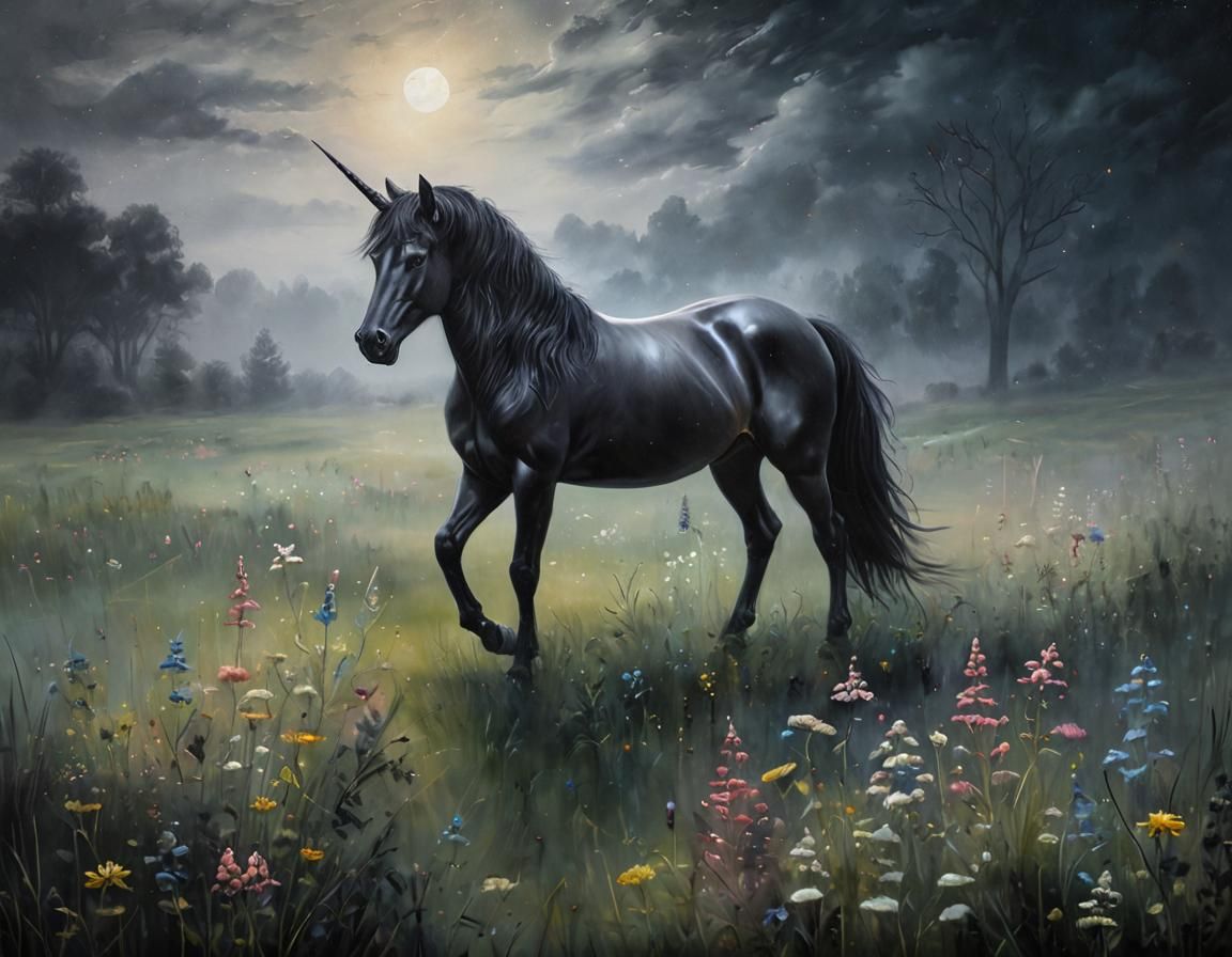 Black Unicorn in Misty Field: Moody Oil Painting