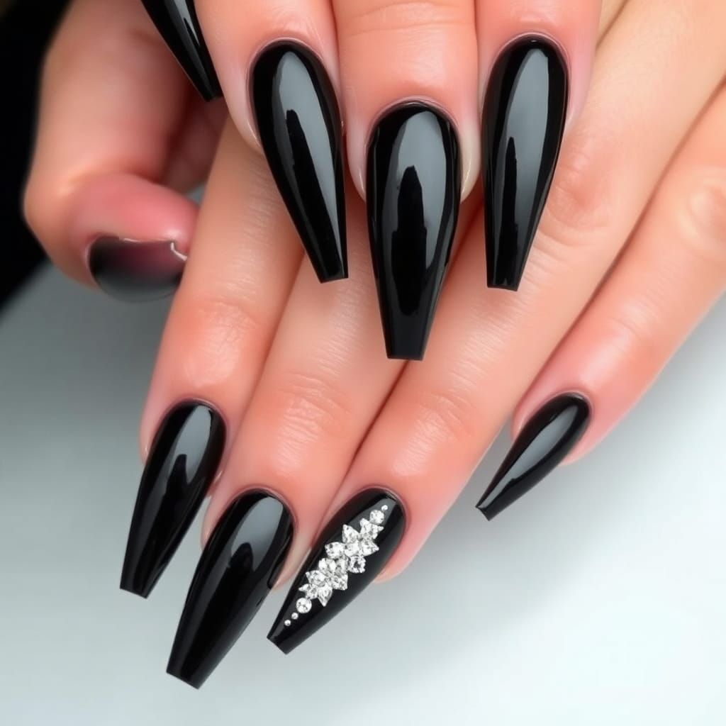 Rhinestone-Decorated Extra-Long Black False Nails