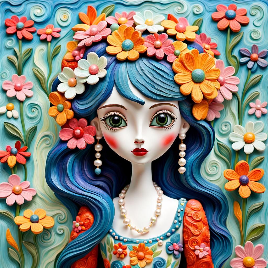 Whimsical Folk Art Woman in a Magical Garden