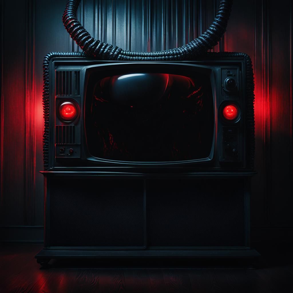 Eerie Demon Behind TV in Dimly Lit Room