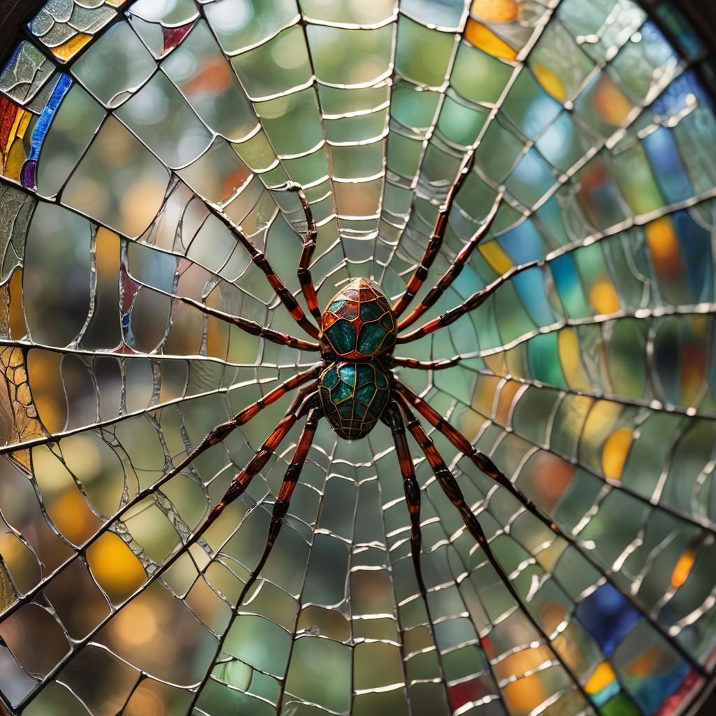 Stained Glass Spider Web in Macro Photography Style