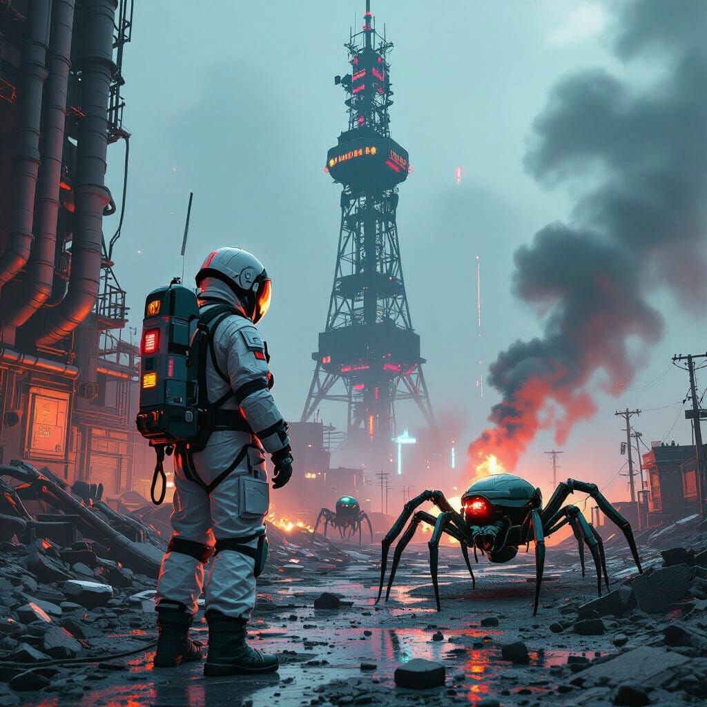 Cyberpunk Nuclear Site with Hazmat Worker