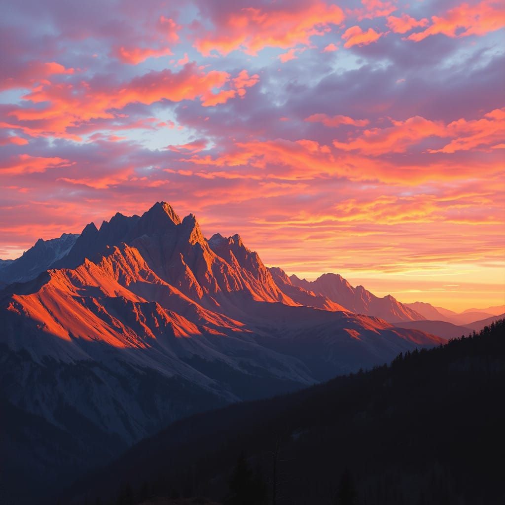 Golden Glow of Sunset in Majestic Mountain Peaks