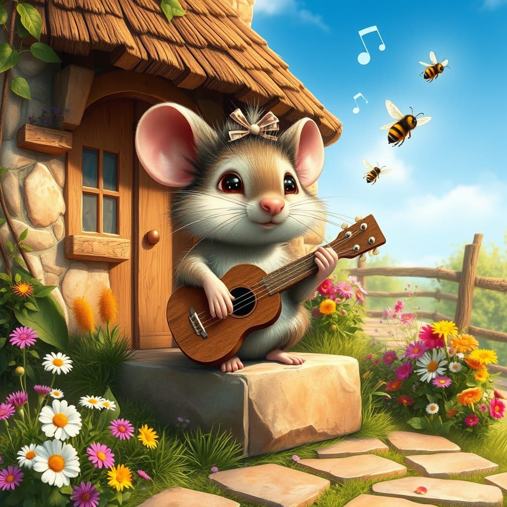 Whimsical Mouse Serenades in Rustic Garden Oasis