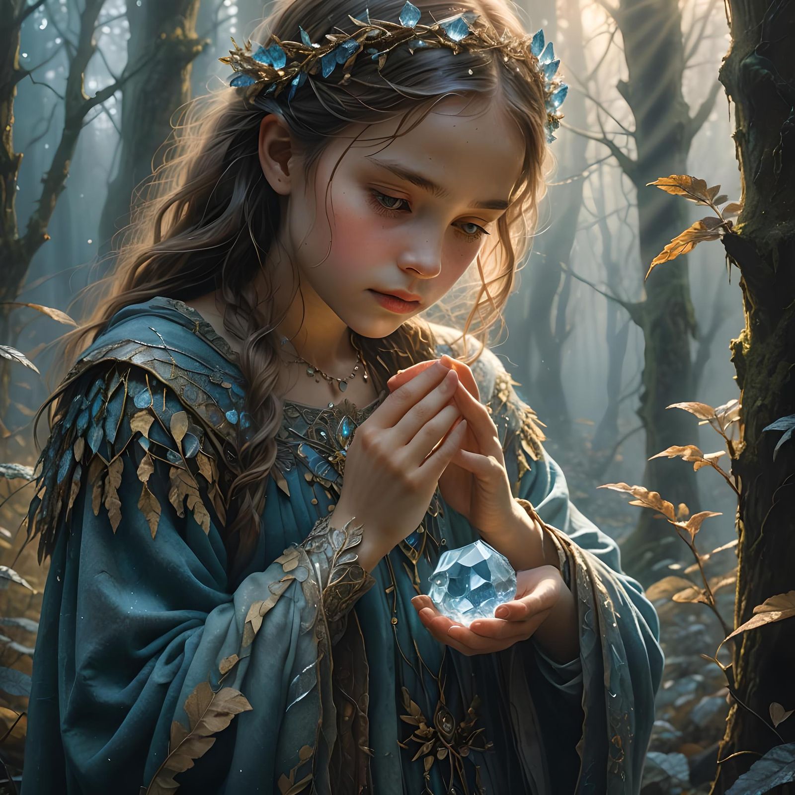 Young Woman Protects Quartz Gift from Forest Sprite