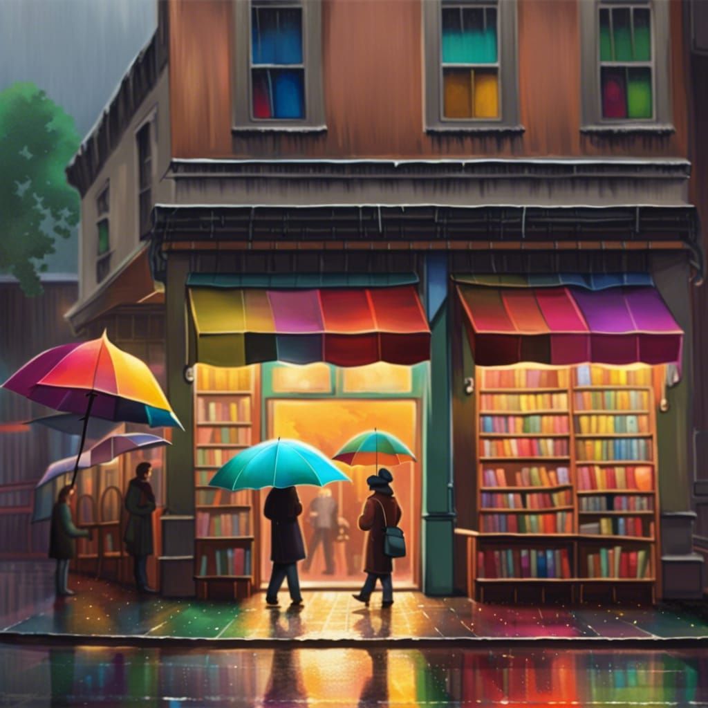Cozy Bookstore on a Rainy Day in Splash Art