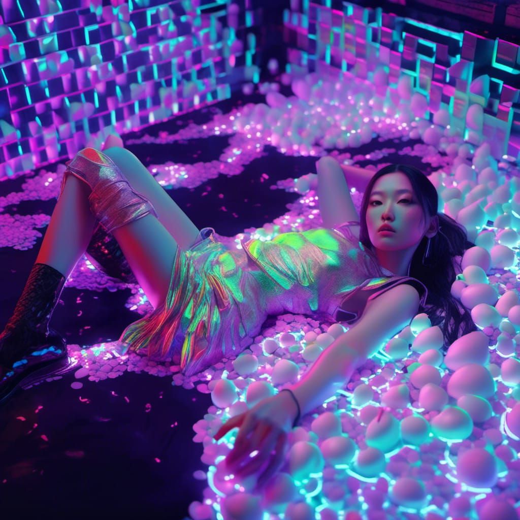 Asian Model in Neon Cyberpunk Dreamscape