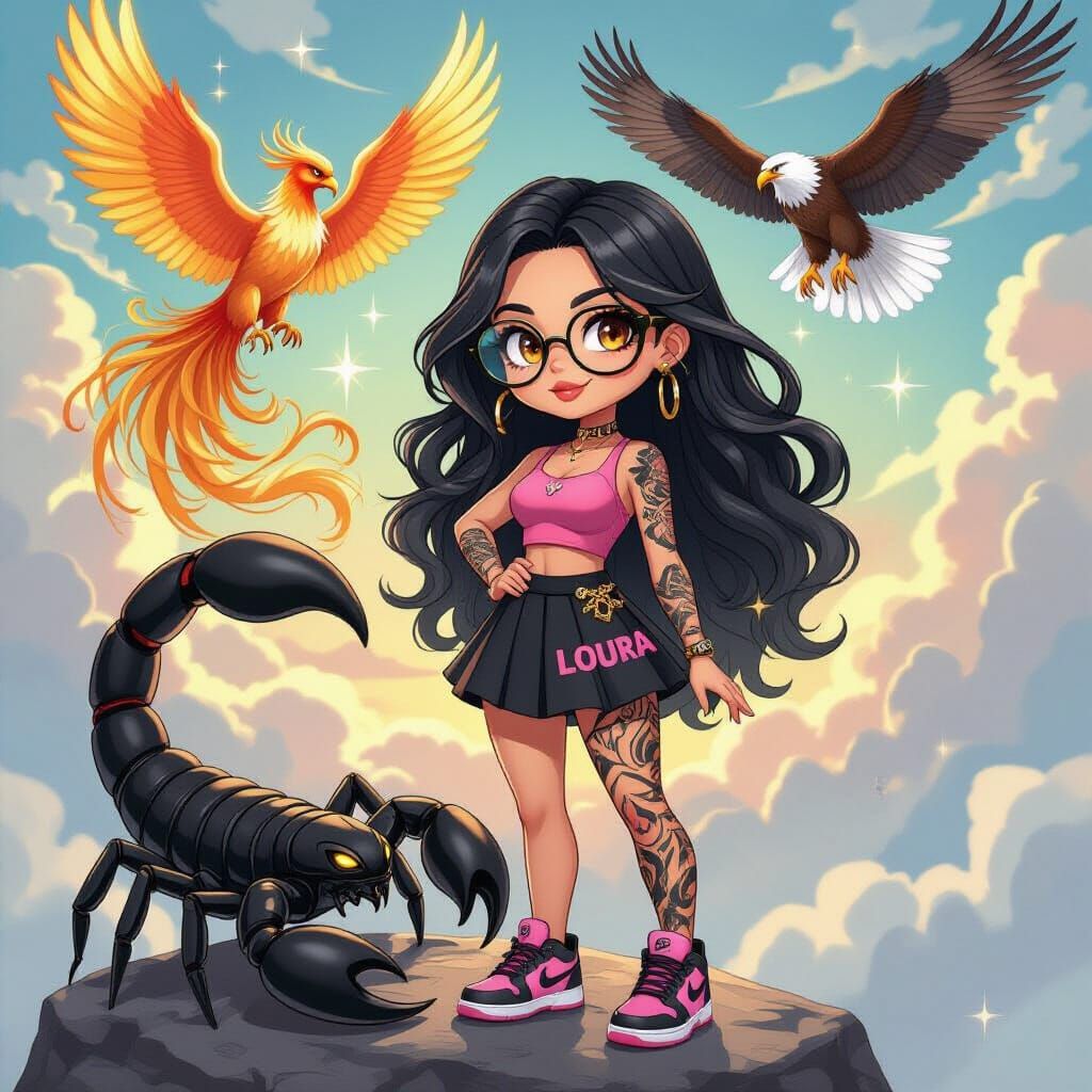 Chibi Woman with Phoenix and Scorpion, Genshin Impact Style