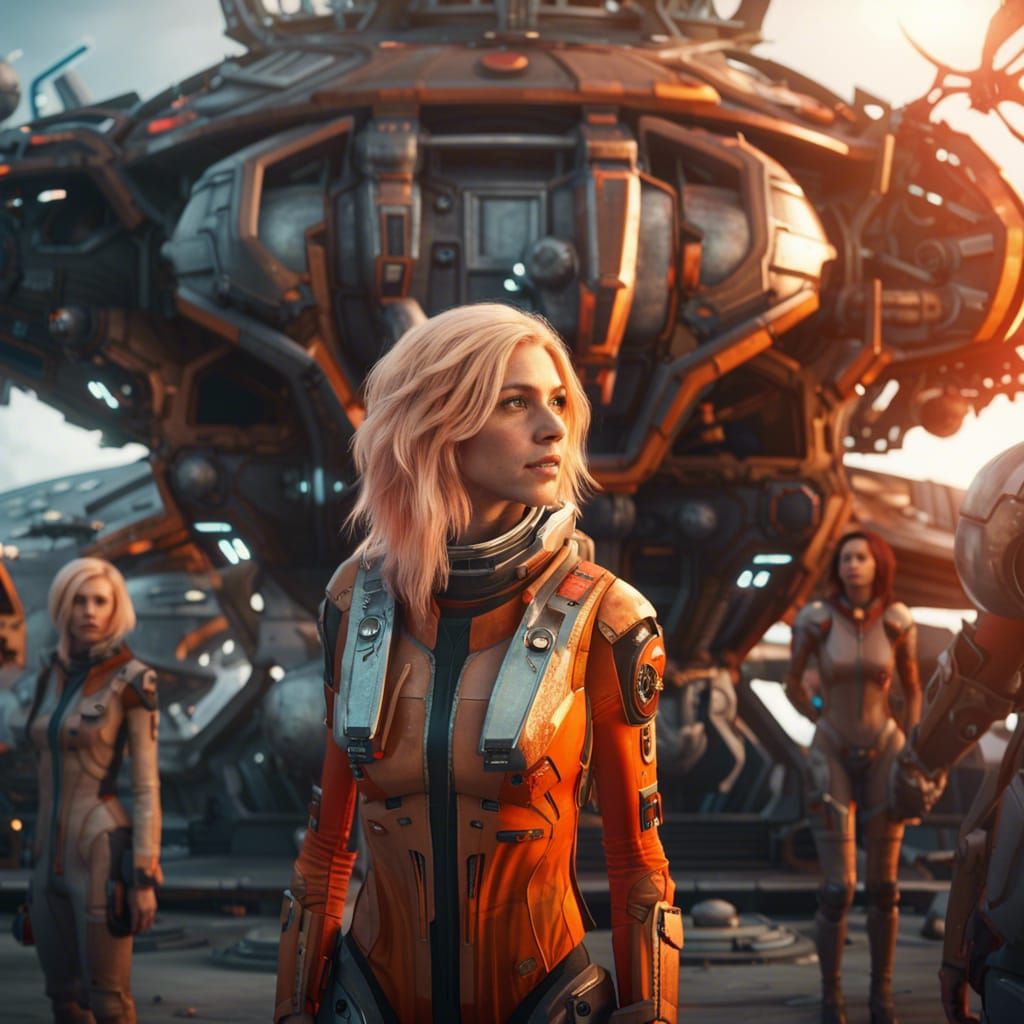Blonde Explorer Meets Alien Astronauts on Derelict Starship