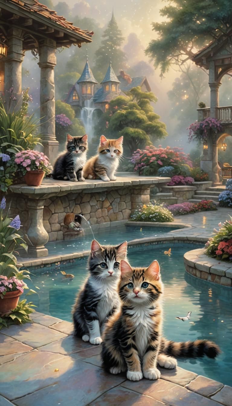 Kittens Relaxing by the Pool: Ethereal Fantasy