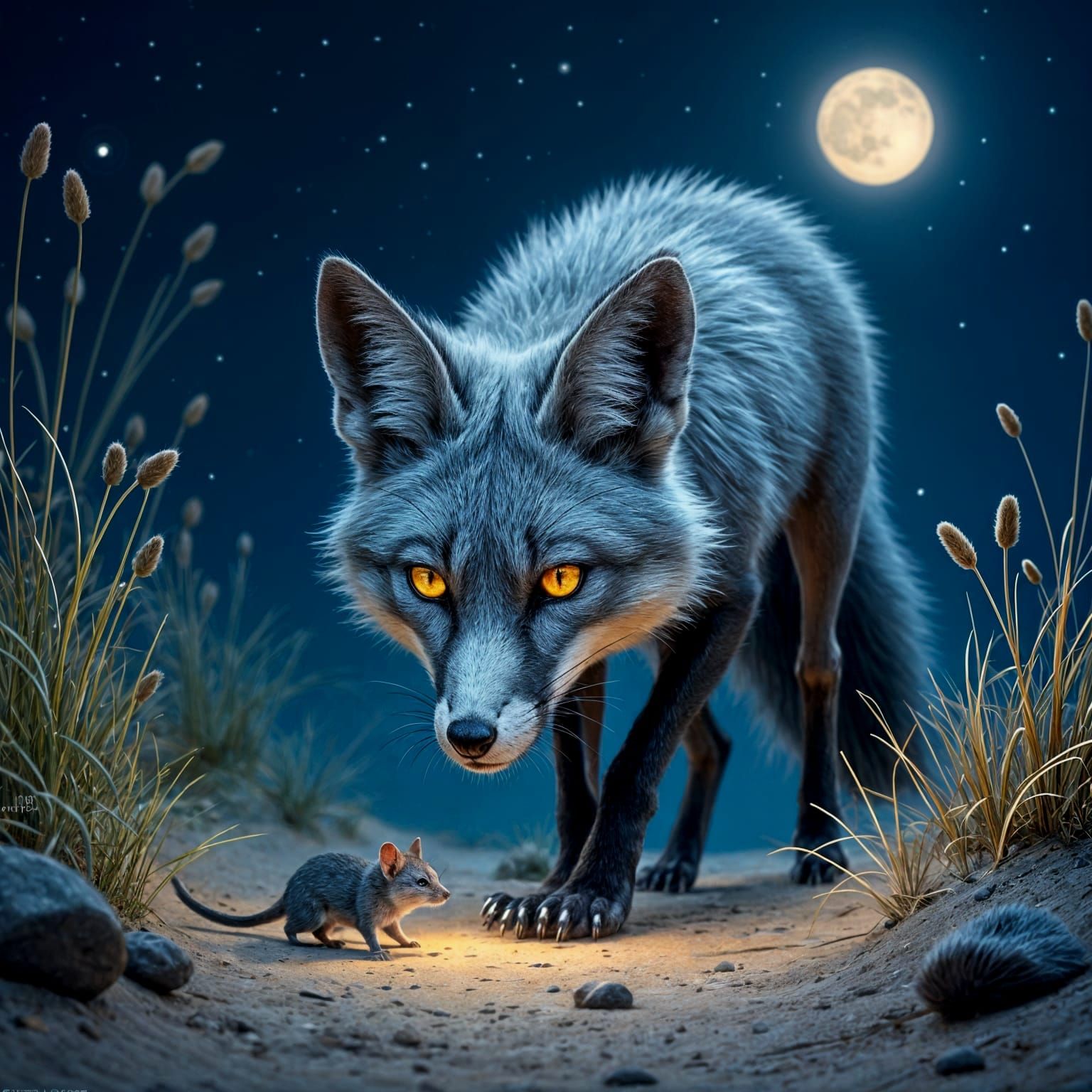 Silver Fox Hunting Mouse: Hyperrealistic Wildlife Art