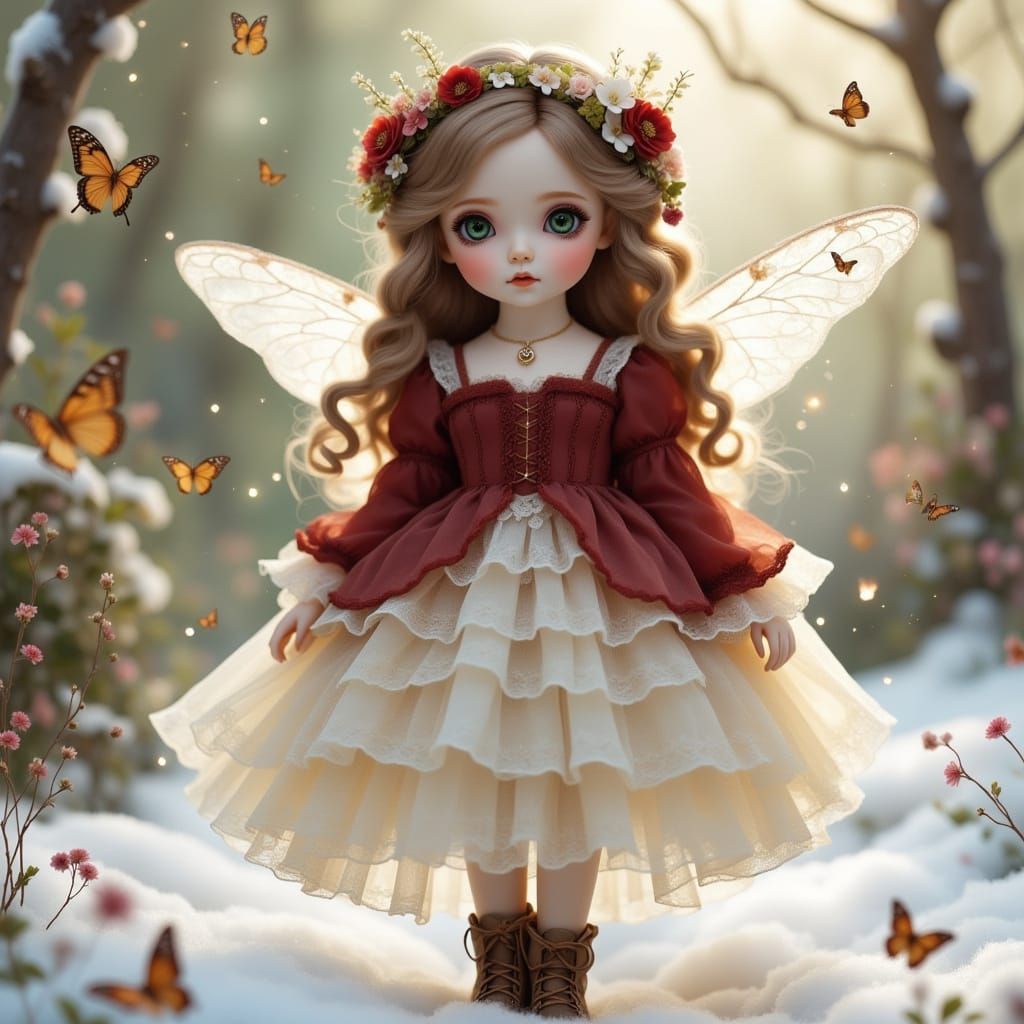 A charming young fairy, appearing to be around 4-6 years old, with fair skin and rosy cheeks, gazes towards the viewer w...