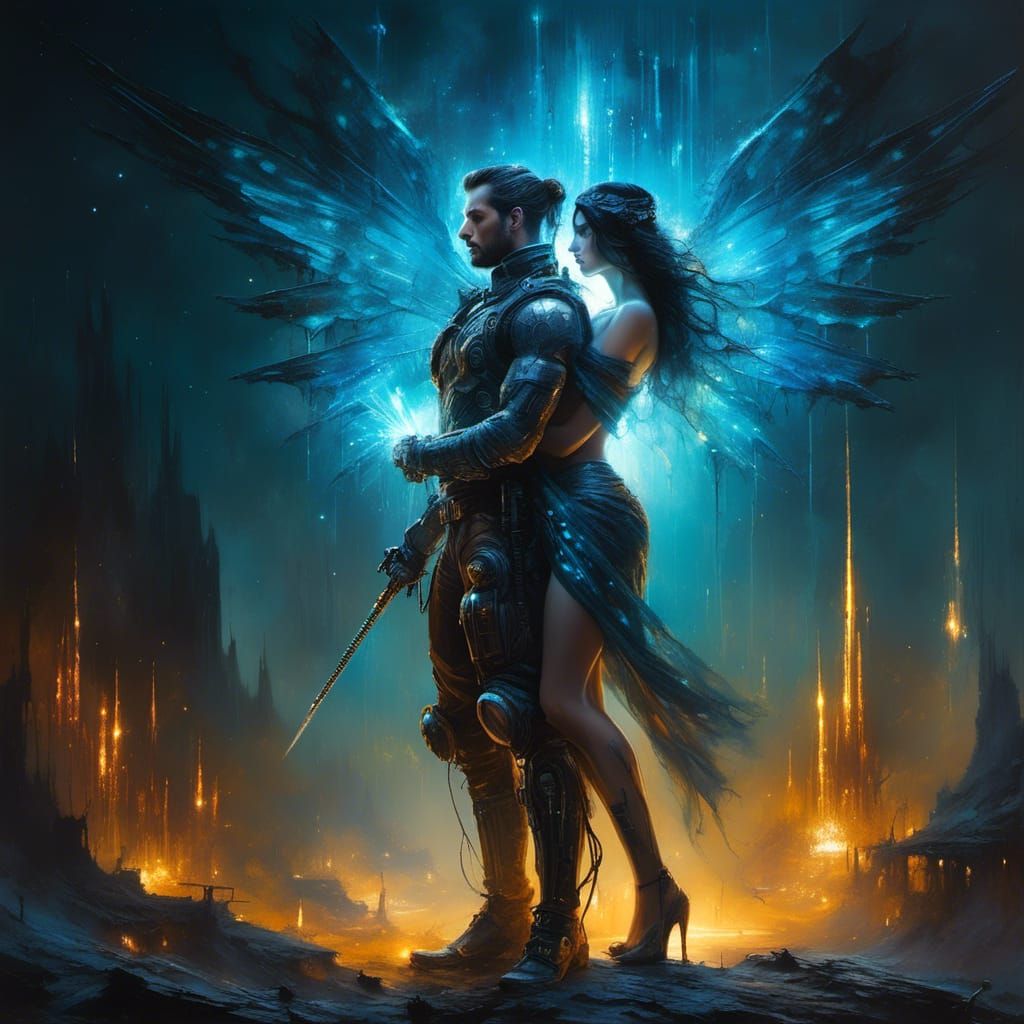 Futuristic Cyborg Embrace in Dystopian City