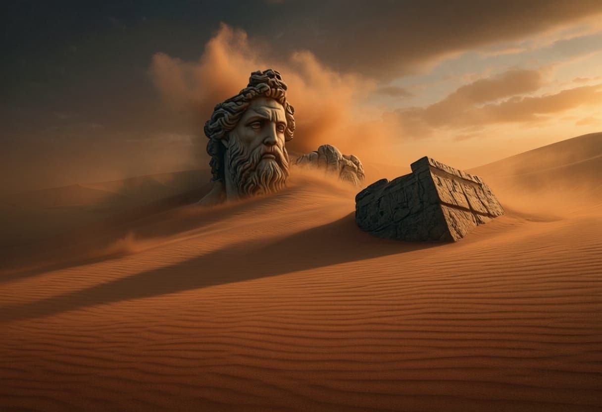 Ancient Ruins Revealed by Sandstorm, Neptune Statue Emerges