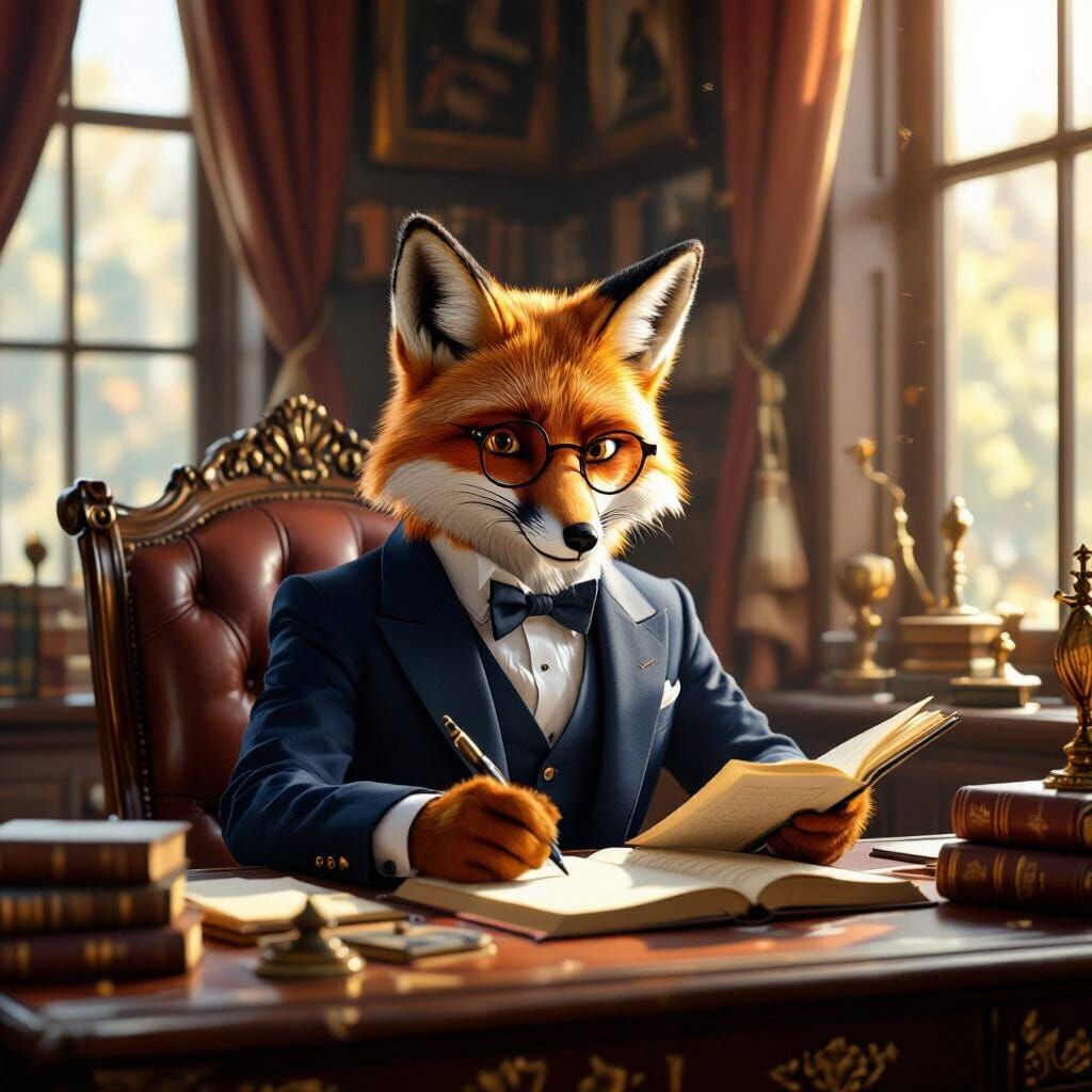Fox Writer in Cozy Study, Digital Art