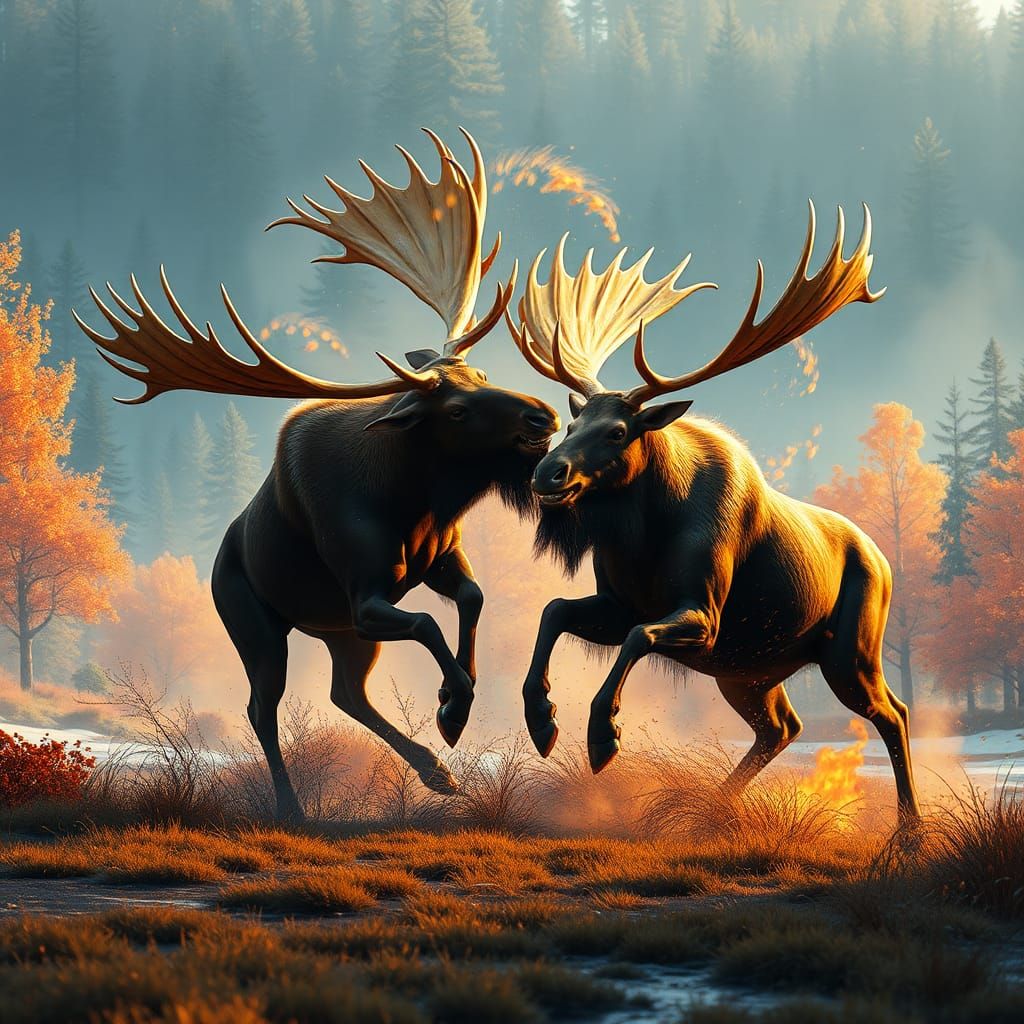 Moose Battle in Autumn Mist: An Impasto Painting