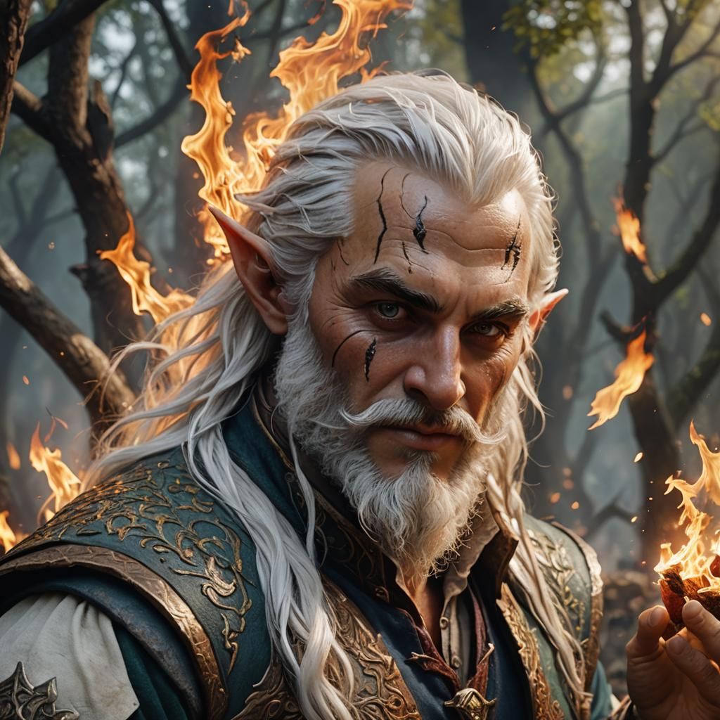 Young Bard Casting Fire Spell: Detailed Matte Painting