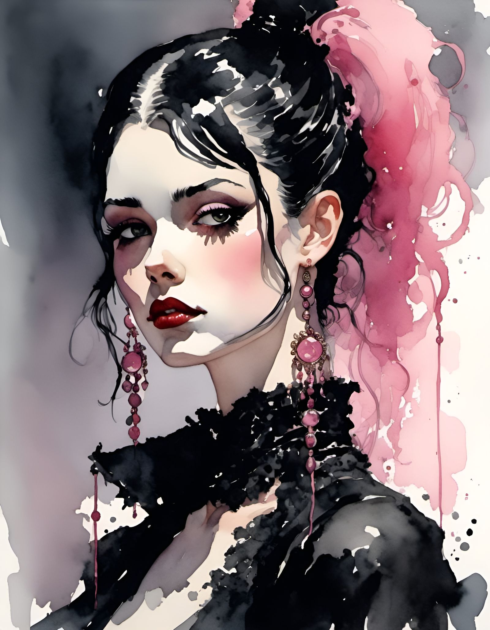 Pale Goth Girl Portrait in Watercolor Style