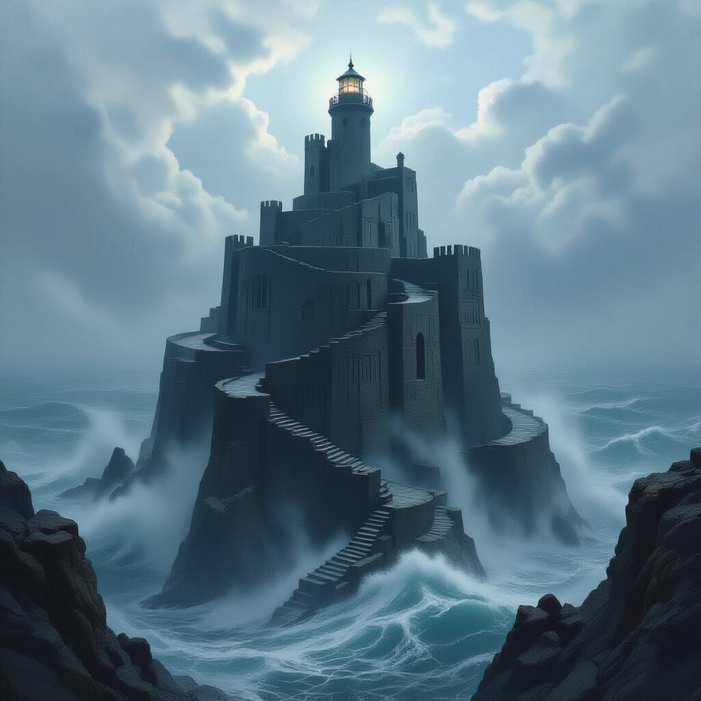 Gothic Fortress Island in Stormy Seas