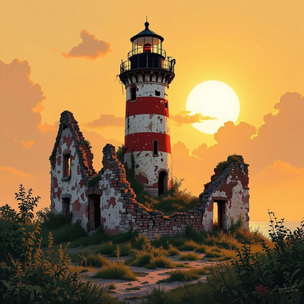 Weathered Lighthouse Ruins in Golden Sunlight