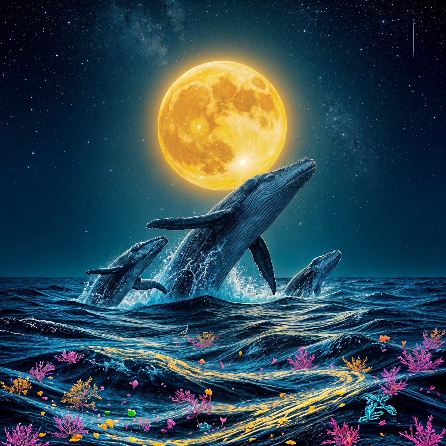 Moonlit Whales Leap in Vibrant Bioluminescent Dance